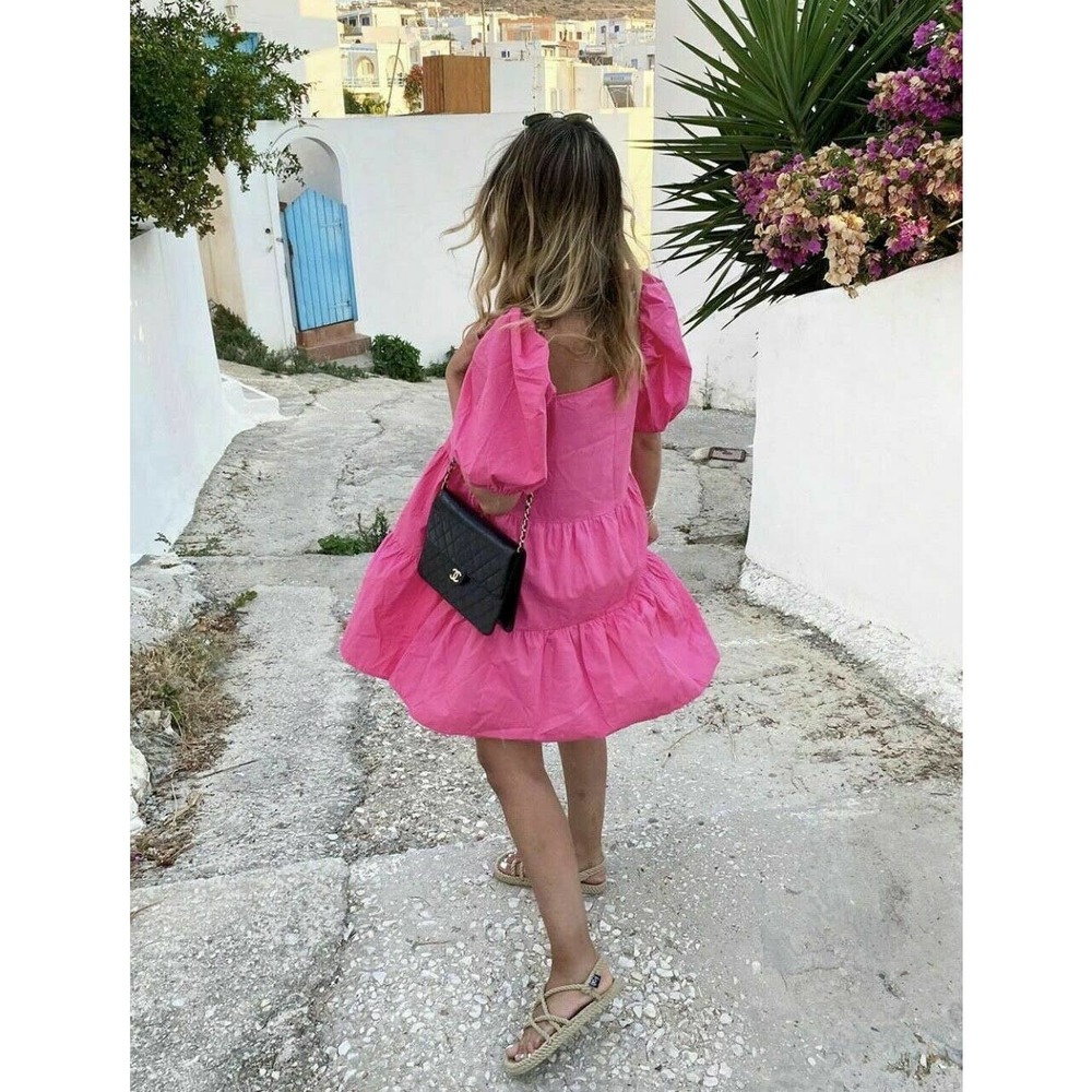 Puff Sleeve Cerise Cotton Dress